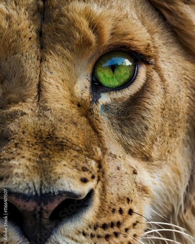 Create a close up from the eye of a lion, the eye should be a glowy green like an emerald photo