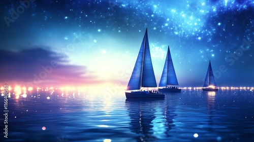 Serene scene of sailboats on a calm ocean under a starry night sky. photo