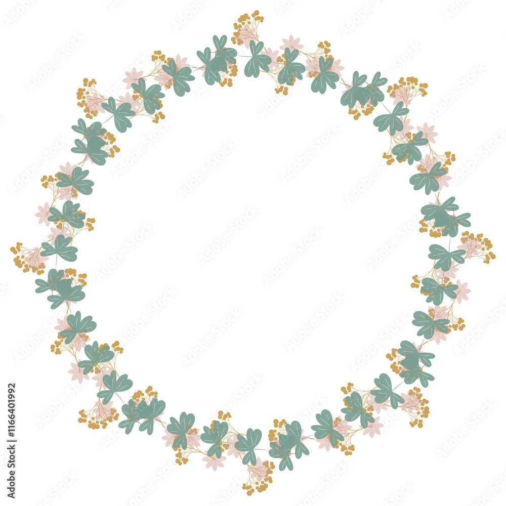 Round floral wreath frame with hand drawn flowers and leaves decoration
Round floral wreath frame with hand drawn flowers and leaves decoration