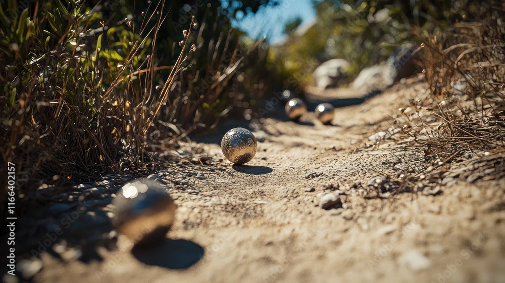 Metallic balls scattered along a dirt path in a natural setting. Metallic balls scattered along a dirt path in a natural setting.