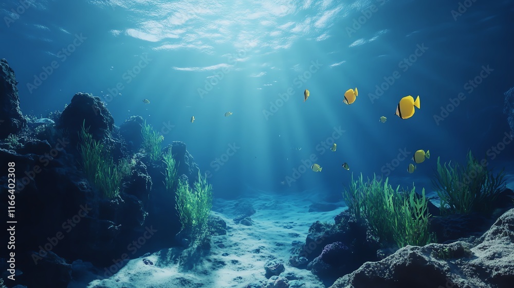 Beneath the surface, vibrant fish swim among lush sea plants. Beneath the surface, vibrant fish swim among lush sea plants.