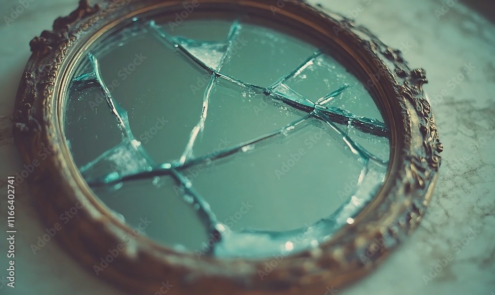 Obraz premium Broken antique mirror on marble surface, reflecting distorted view