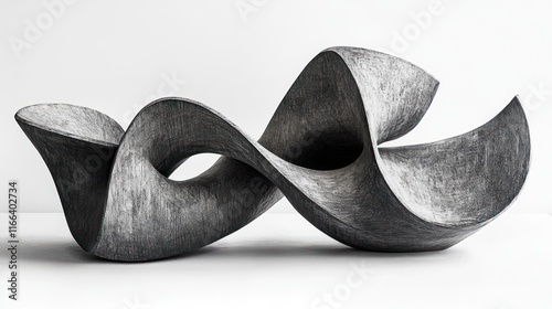 Abstract grey sculpture twisting on white studio background.