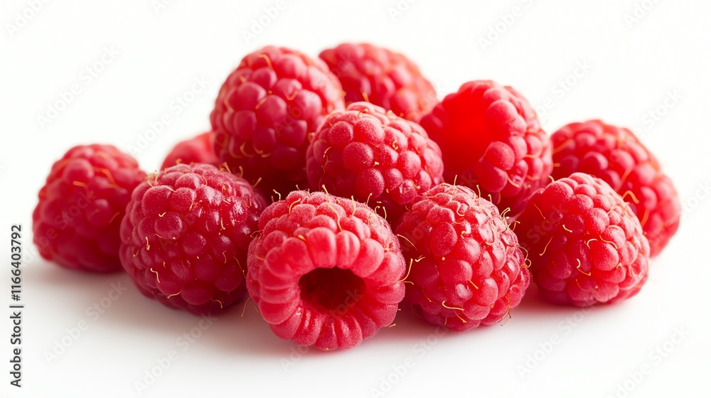 A fresh pile of vibrant, red raspberries on a white background. A fresh pile of vibrant, red raspberries on a white background.