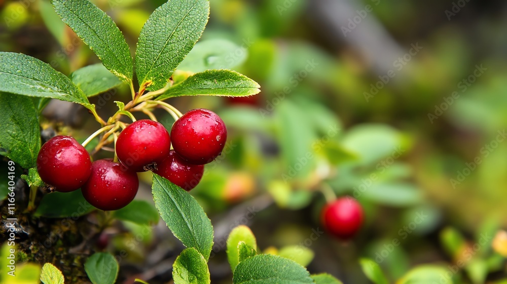 Fototapeta premium Close-up of vibrant red berries against lush green leaves in nature.