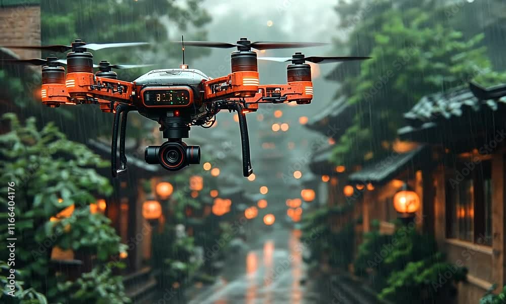 A drone flying through a misty landscape adorned with lanterns and lush greenery. A drone flying through a misty landscape adorned with lanterns and lush greenery.