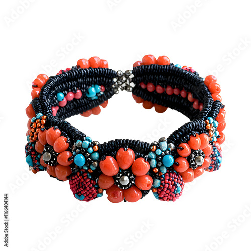 A bracelet made of coral beads and black crocheted isolated on transparent background
 photo