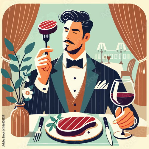 A person enjoying grilled meat in a luxurious restaurant, seated at an elegant table with fine dining settings, warm lighting, and a sophisticated atmosphere
