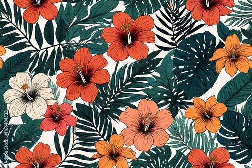 tropical flowers and leaves on a white background