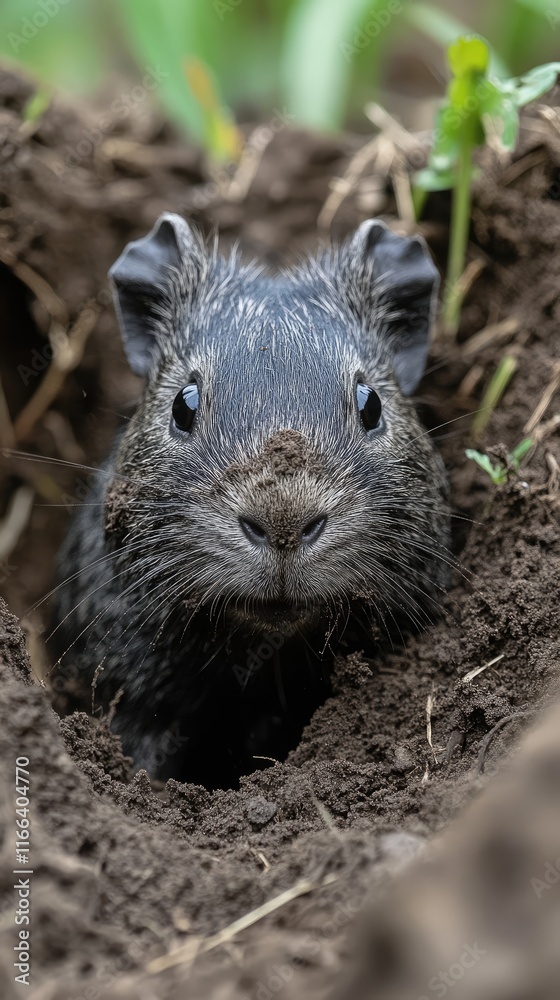A close-up of a dark-colored rodent peeking out from a burrow in the ground. A close-up of a dark-colored rodent peeking out from a burrow in the ground.