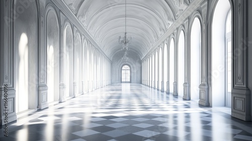 Sunlit grand hall with arched windows and checkered floor.