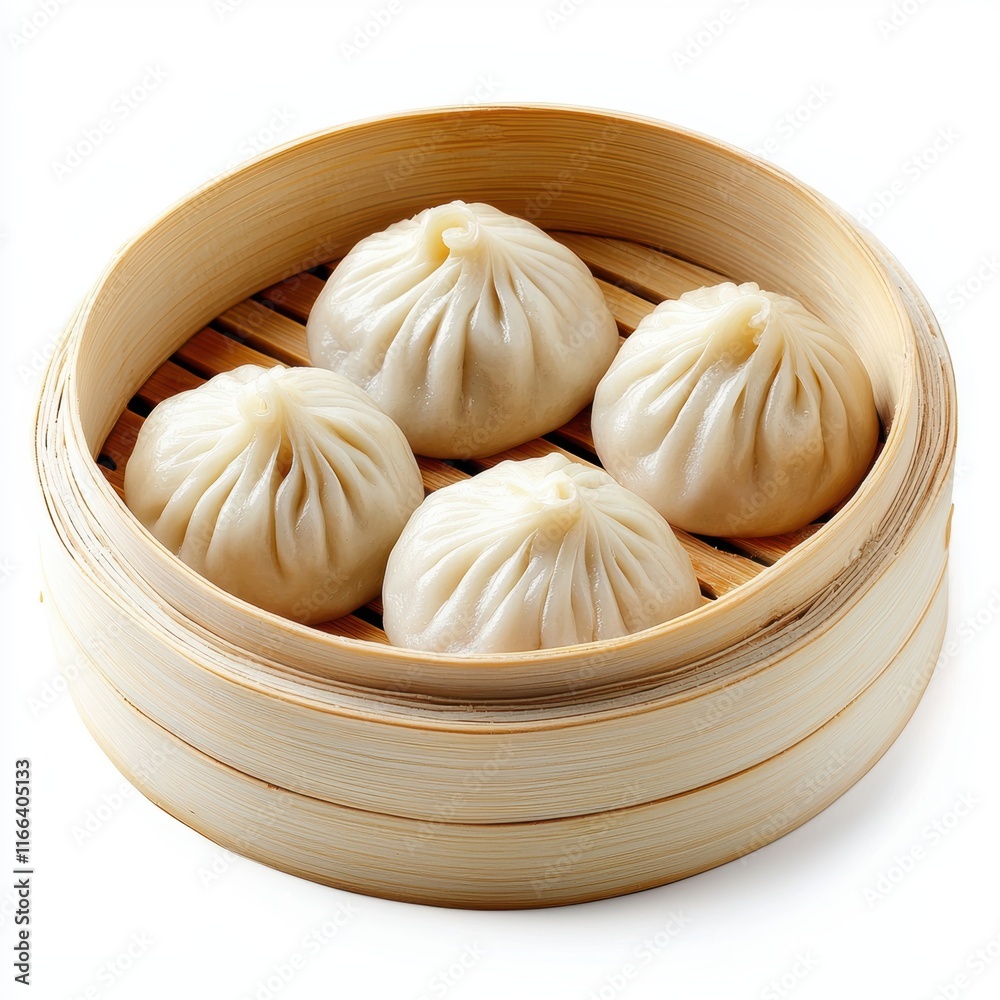 Steamed dumplings in a bamboo basket, showcasing their delicate texture and pleated tops, perfect for a savory bite. Steamed dumplings in a bamboo basket, showcasing their delicate texture and pleated tops, perfect for a savory bite.