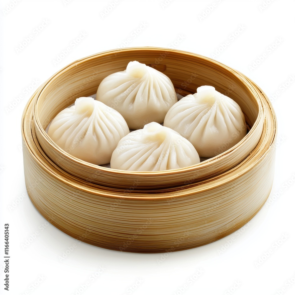 A bamboo steamer holds four delicate dumplings, showcasing their pleated tops and smooth texture, representing a delicious Asian culinary tradition. A bamboo steamer holds four delicate dumplings, showcasing their pleated tops and smooth texture, representing a delicious Asian culinary tradition.