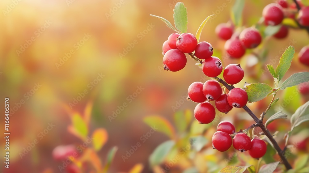 Obraz premium Vibrant red berries on a branch, illuminated by warm autumn sunlight.