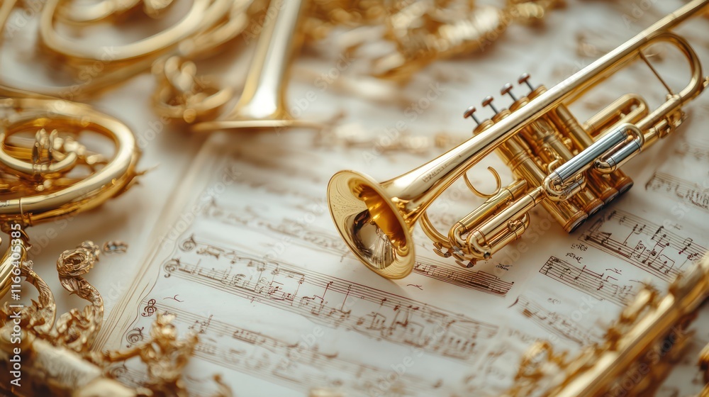 Naklejka premium Golden Trumpet on Sheet Music: A Symphony of Brass and Melody