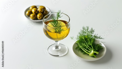 Glimpse of Pastis with Anise Garnish and Olive Snacks on a Minimalist Table Surface