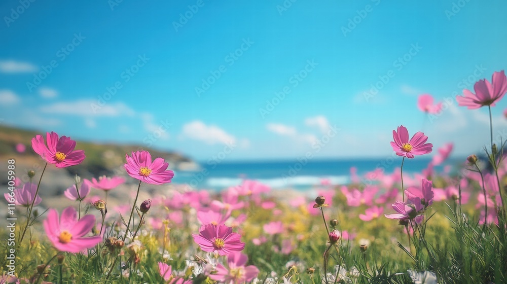 Beautiful scenery of flower field with blue sky landscape Beautiful scenery of flower field with blue sky landscape