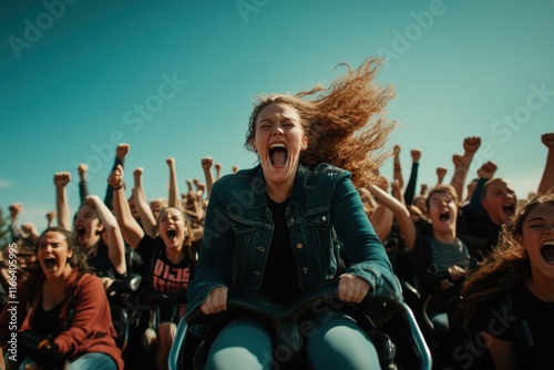 Excited crowd on roller coaster with hands raised in thrilling ride experience joy concept photo