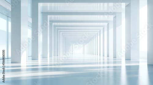 Modern white hallway with columns and sunlight.
