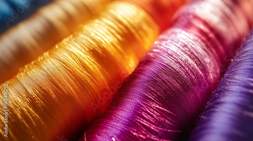 Colorful spools of sewing thread arranged in vibrant order. photo