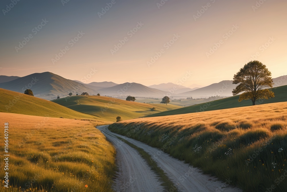 Fototapeta premium dirt road in a field with a lone tree on the side