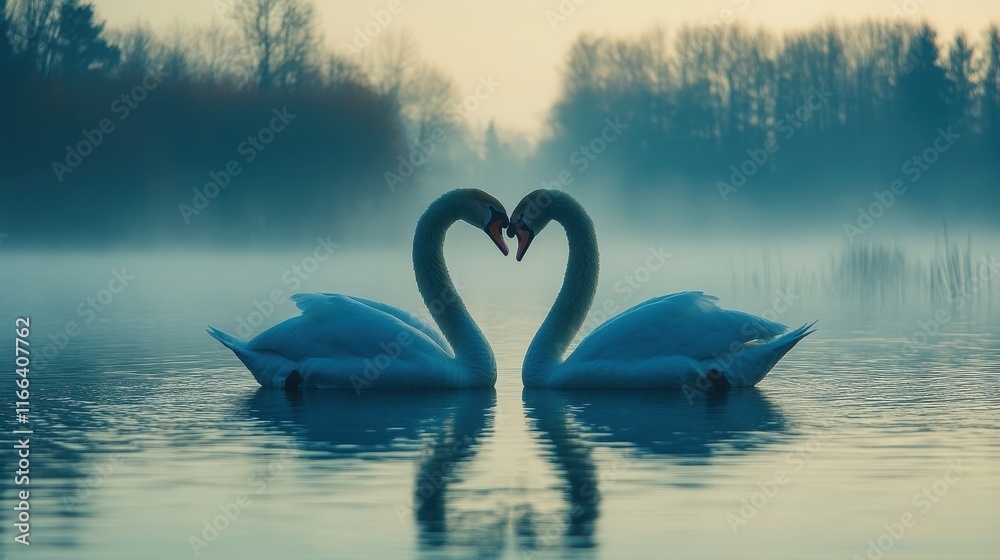 Fototapeta premium Elegant Swans Forming Heart Shape on Calm Water