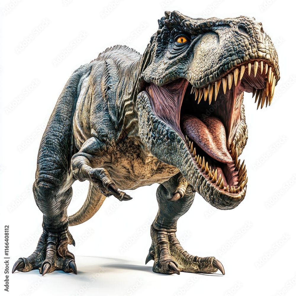 Fototapeta premium A realistic depiction of a roaring T-Rex dinosaur showcasing its fierce features.