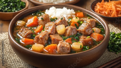 Delicious beef stew with carrots, rice, and scallions in a rustic bowl. photo