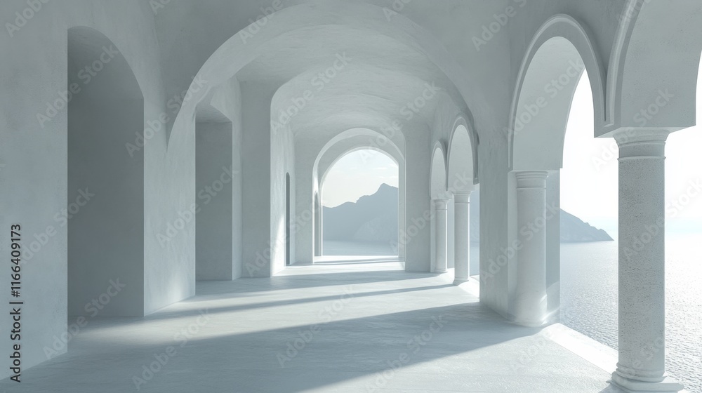 White arched hallway overlooking ocean. White arched hallway overlooking ocean.