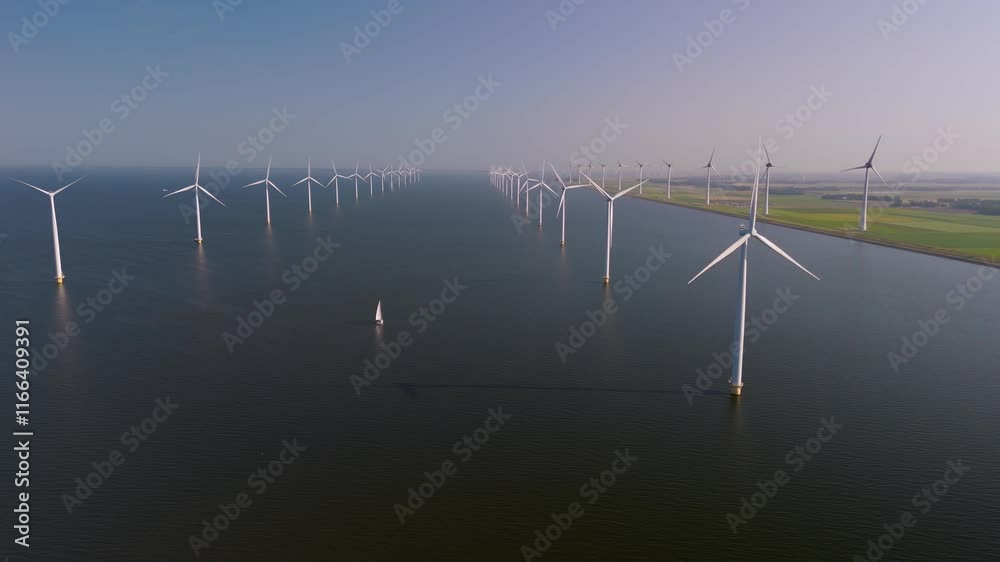 Experience the beautiful Dutch coastline, where windmill turbine farms meet gentle waves and a sailboat glides, embodying sustainable energy in harmony with nature in the Netherlands Experience the beautiful Dutch coastline, where windmill turbine farms meet gentle waves and a sailboat glides, embodying sustainable energy in harmony with nature in the Netherlands