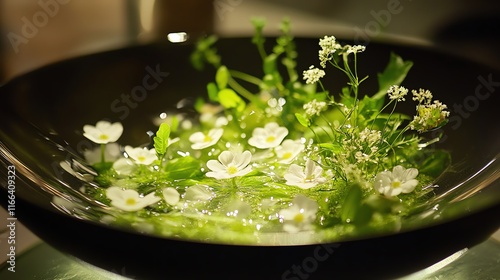 Fresh herbs and flowers in a stylish bowl.