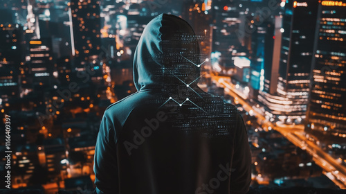 Hacker are planning to hack and attack networks and cyber security systems. Smart Innovation city with connection ffuture wireless digital city and social media networking over the sunset cityscape.	