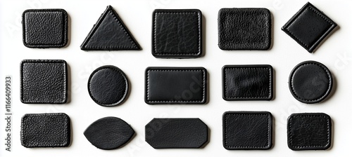 Various black leather patches, top down on white.