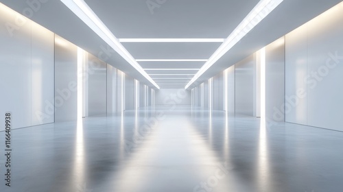 Bright, futuristic white corridor with glowing lights and reflective floor.