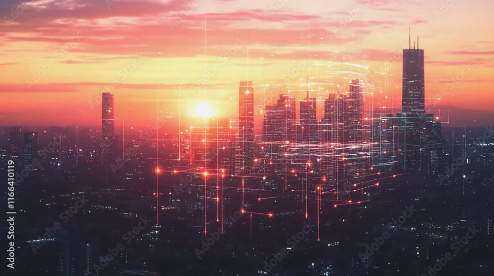 Smart Innovation city with connection cyber security network reciprocity over the sunset cityscape future wireless digital city and social media networking systems that connects people in the city

