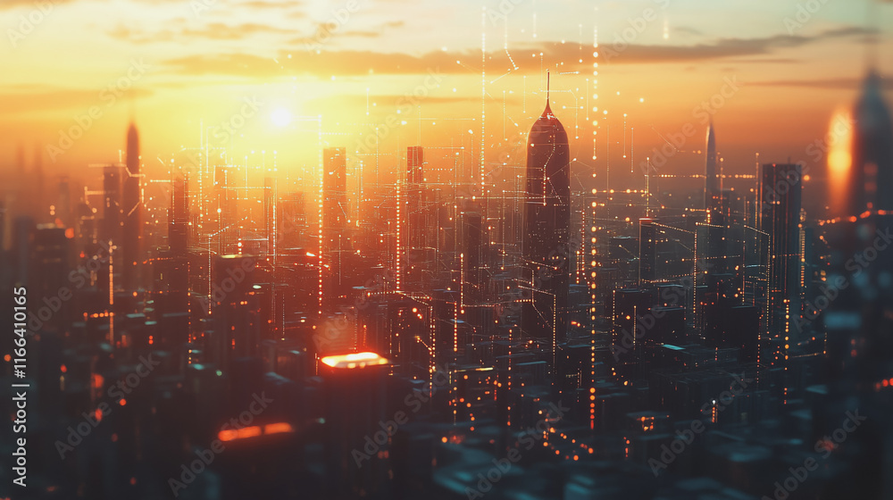 Fototapeta premium Smart Innovation city with connection cyber security network reciprocity over the sunset cityscape future wireless digital city and social media networking systems that connects people in the city