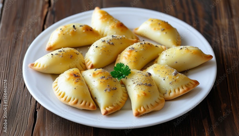 Delicious Pitarakia Cheese Pies Served on a White Plate with Fresh Herbs and Seasoning Delicious Pitarakia Cheese Pies Served on a White Plate with Fresh Herbs and Seasoning