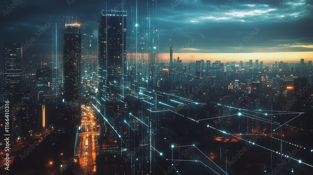 Fototapeta premium Smart Innovation city with connection cyber security network reciprocity over the sunset cityscape future wireless digital city and social media networking systems that connects people in the city