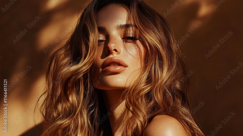 Fototapeta premium Beautiful glamorous model woman with long wavy and shiny hair against brown studio wall