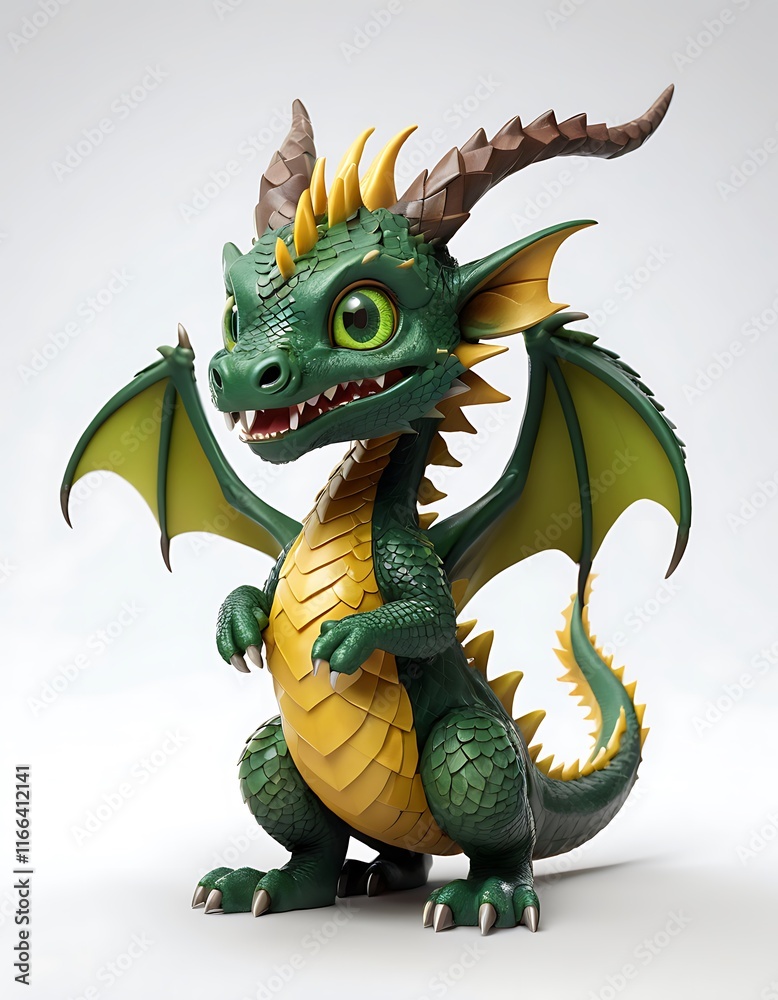 Fototapeta premium Cute Cartoon Dragon in Green and Gold with White Background. Generative AI