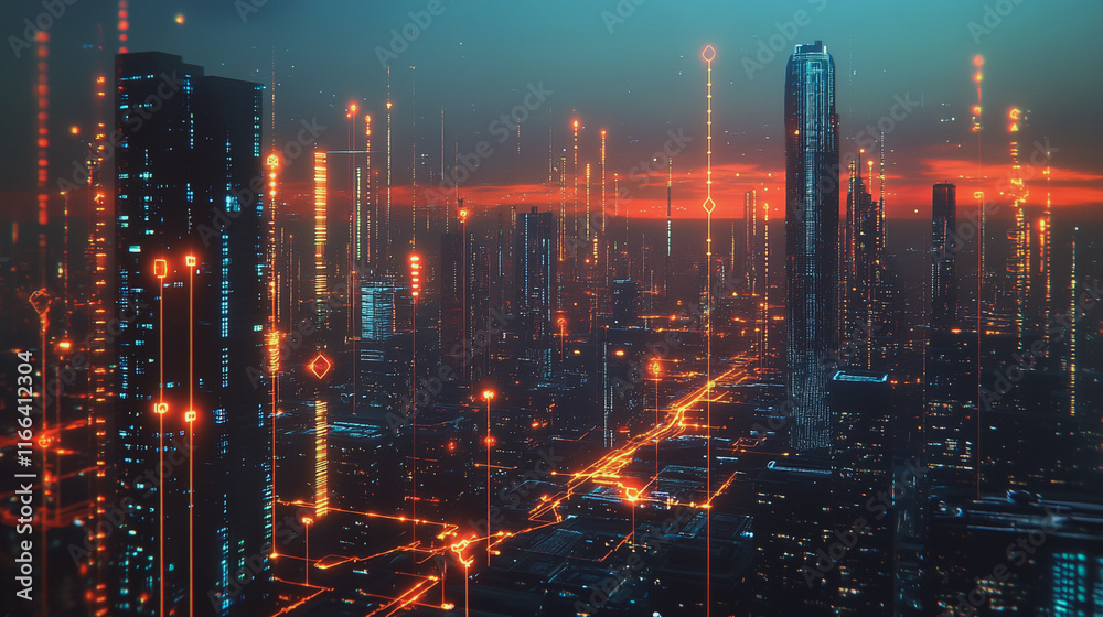 Fototapeta premium Smart Innovation city with connection cyber security network reciprocity over the sunset cityscape future wireless digital city and social media networking systems that connects people in the city