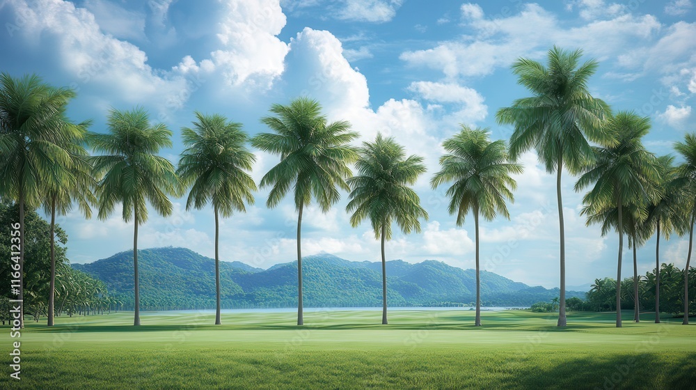 Fototapeta premium Serene tropical golf course scene with palm trees, lush green grass, and mountains in the background. Ideal for travel brochures, tourism websites, or promoting luxury resorts.