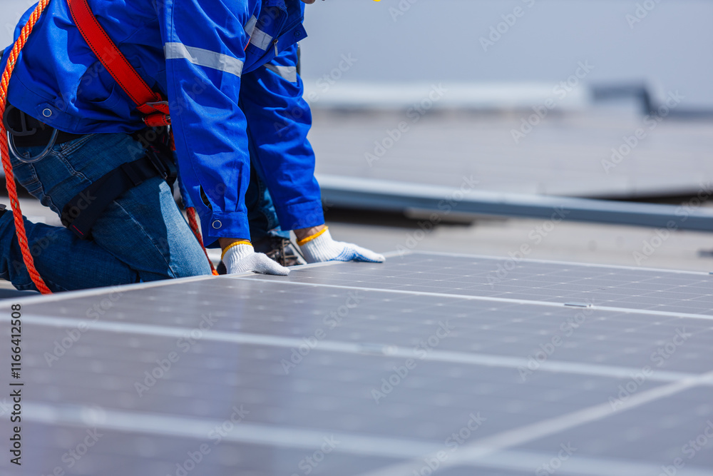 Fototapeta premium Technicians are installing and inspecting standards of solar panels on roof of an industrial factory. Electrical energy obtained from nature sunlight clean renewable energy.