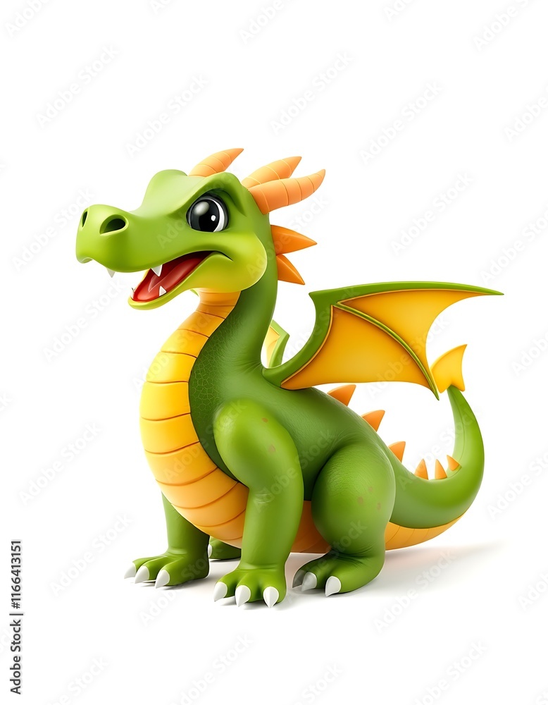 Fototapeta premium Cute Cartoon Dragon in Green and Orange Posing Against White Background