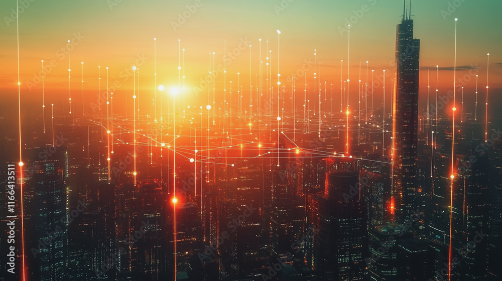 Fototapeta premium Smart Innovation city with connection cyber security network reciprocity over the sunset cityscape future wireless digital city and social media networking systems that connects people in the city