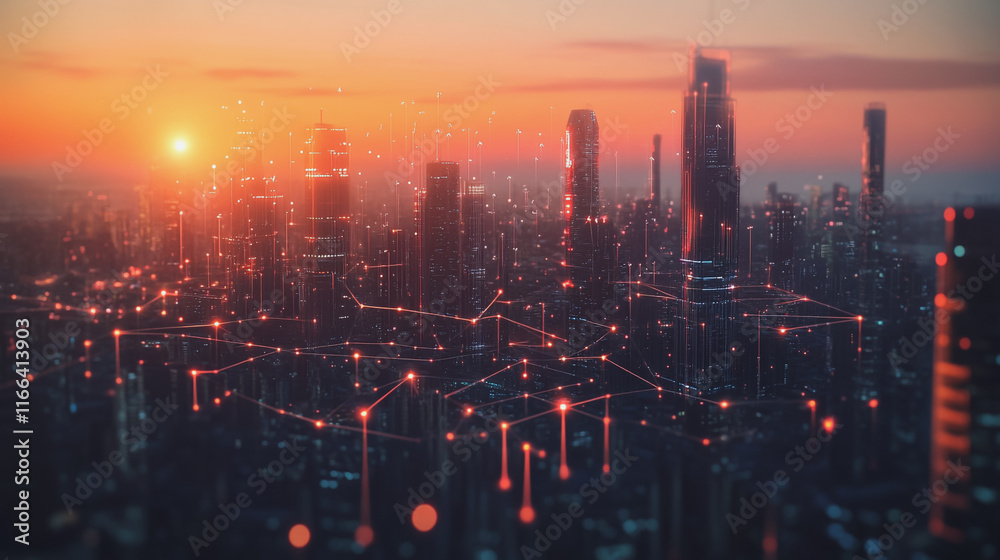 Fototapeta premium Smart Innovation city with connection cyber security network reciprocity over the sunset cityscape future wireless digital city and social media networking systems that connects people in the city