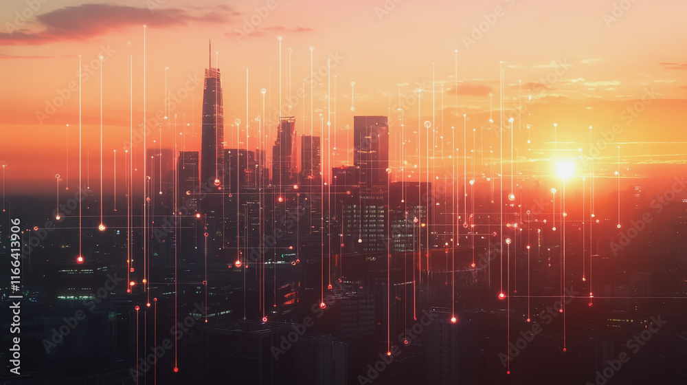 Fototapeta premium Smart Innovation city with connection cyber security network reciprocity over the sunset cityscape future wireless digital city and social media networking systems that connects people in the city