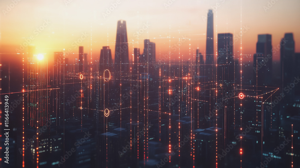 Fototapeta premium Smart Innovation city with connection cyber security network reciprocity over the sunset cityscape future wireless digital city and social media networking systems that connects people in the city