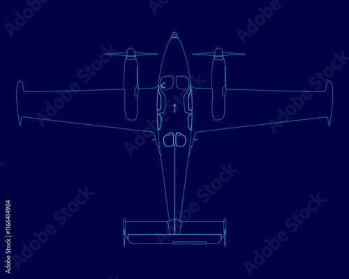 Blue airplane with a blue outline. The airplane is a small propeller plane. The image is a drawing of the plane