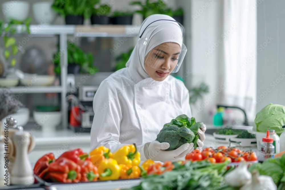 Woman in Lab Coat Examining Fresh Vegetables in Kitchen Woman in Lab Coat Examining Fresh Vegetables in Kitchen